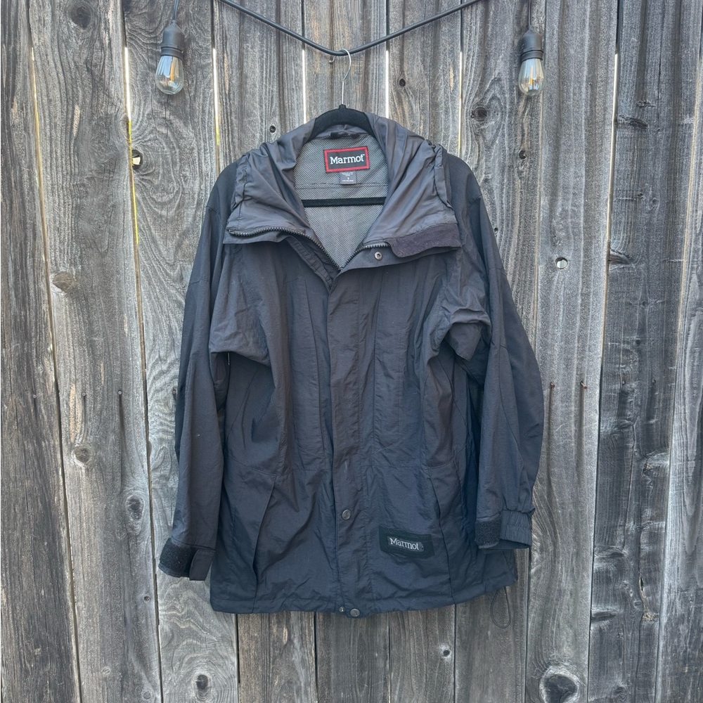 Men's Marmot Black MemBrain Hooded Rain Jacket, zip-front weatherproof small
